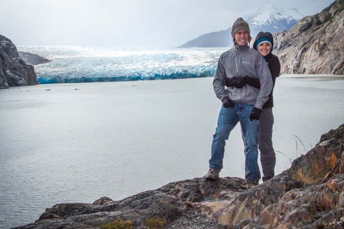 Landon and Alyssa Standing Next to Glacier at Torres del Paine